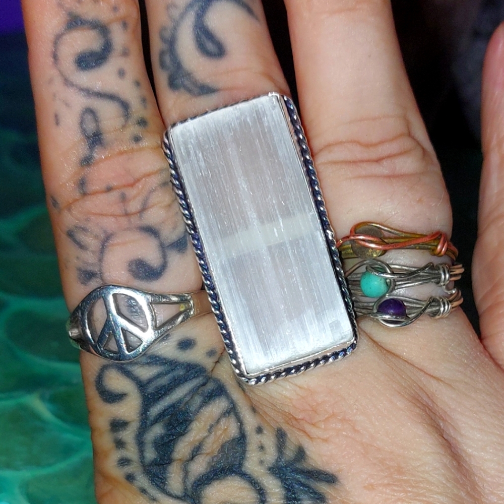 Elongated Rough Cut Selenite Ring Size 8